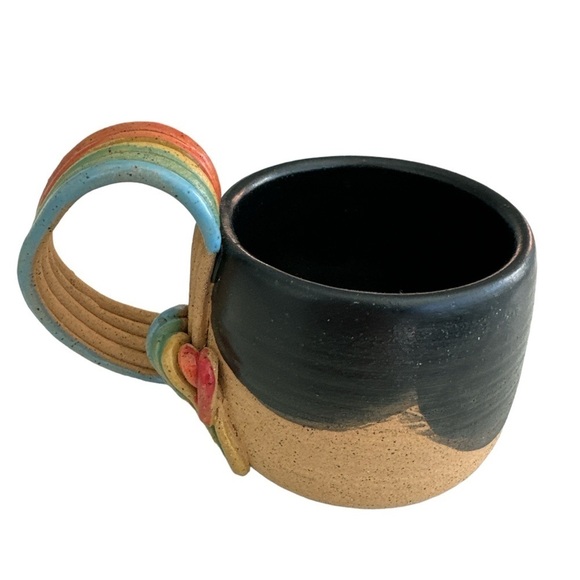 Handmade Wheel Thrown Ceramic Black and Rainbow Handle Pottery Coffee Tea Mug - Picture 1 of 8